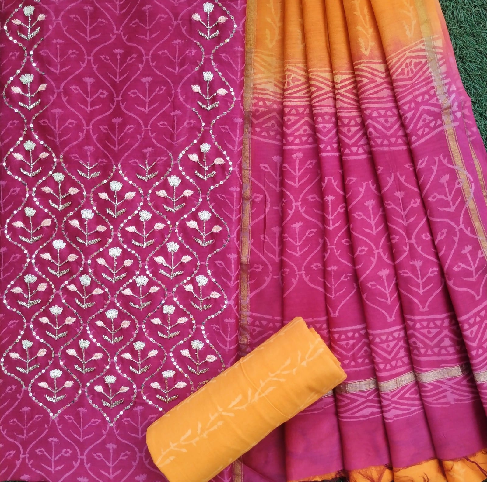Designer Hand Work Chanderi Silk Suit Set (GOTA02)