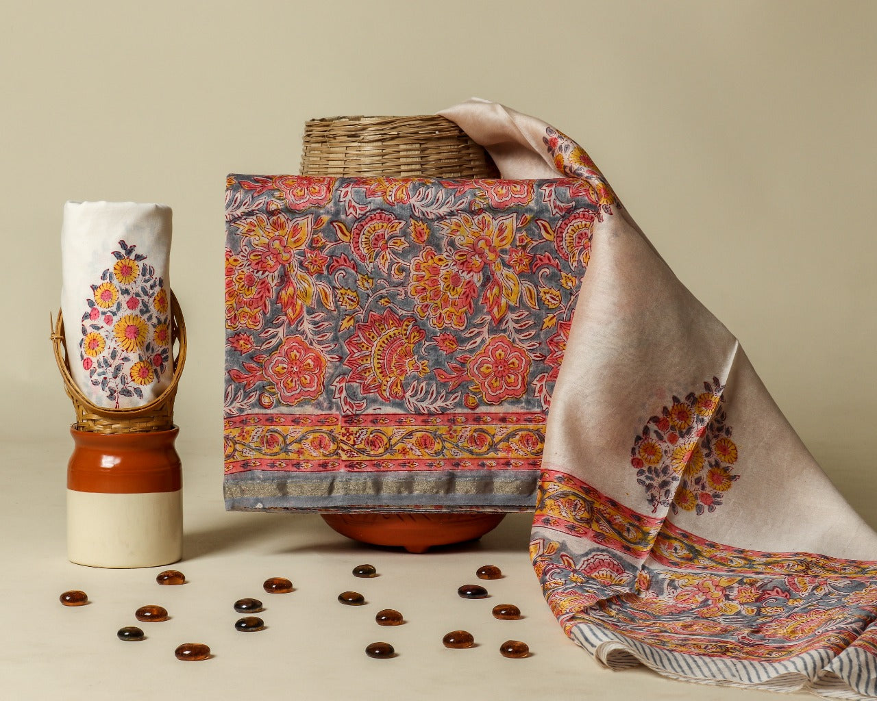 Floral Hand Block Print Chanderi Silk Suit sets online (CHA435)