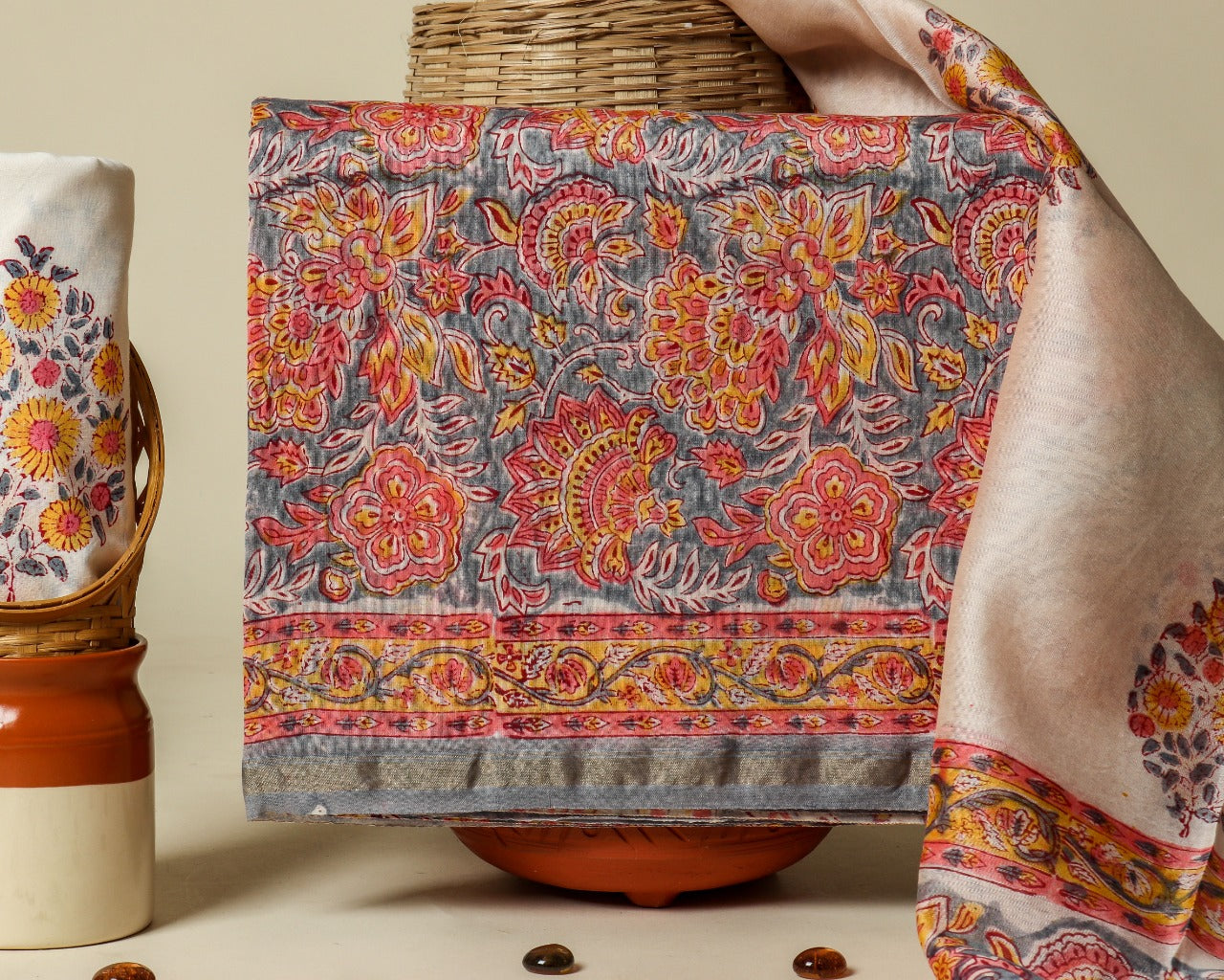 Floral Hand Block Print Chanderi Silk Suit sets online (CHA435)
