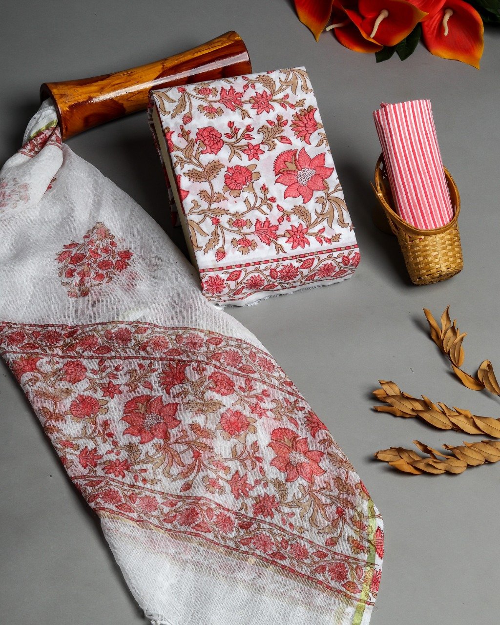 Shop Unstitched Hand Block Print Pure Cotton Suits with Kota Doria Dupatta (T3CKD360)
