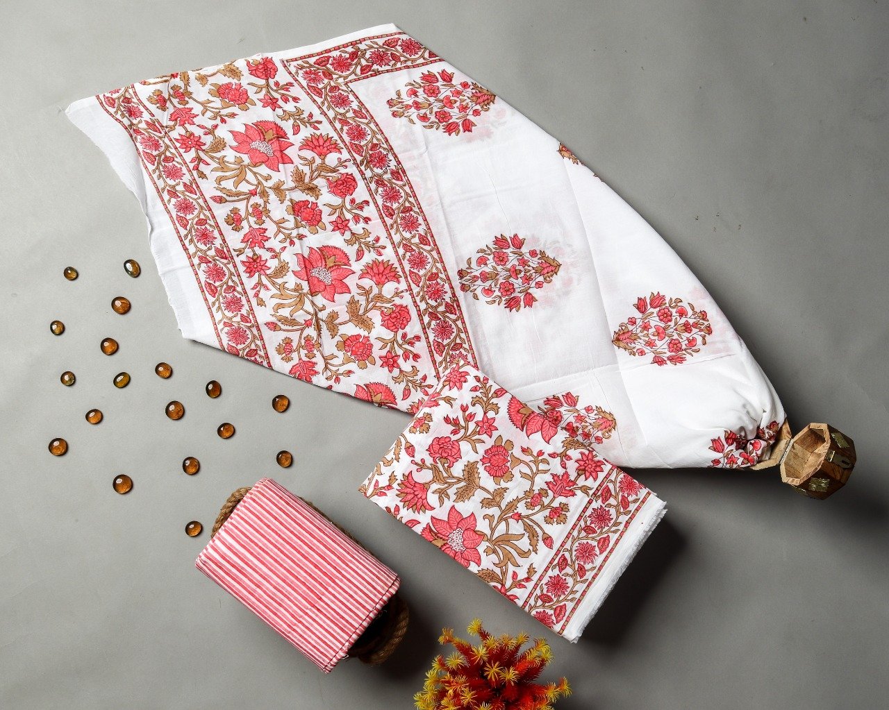Shop Unstitched Hand Block Print Pure Cotton Suits with Mulmul Dupatta (TPRMUL178)